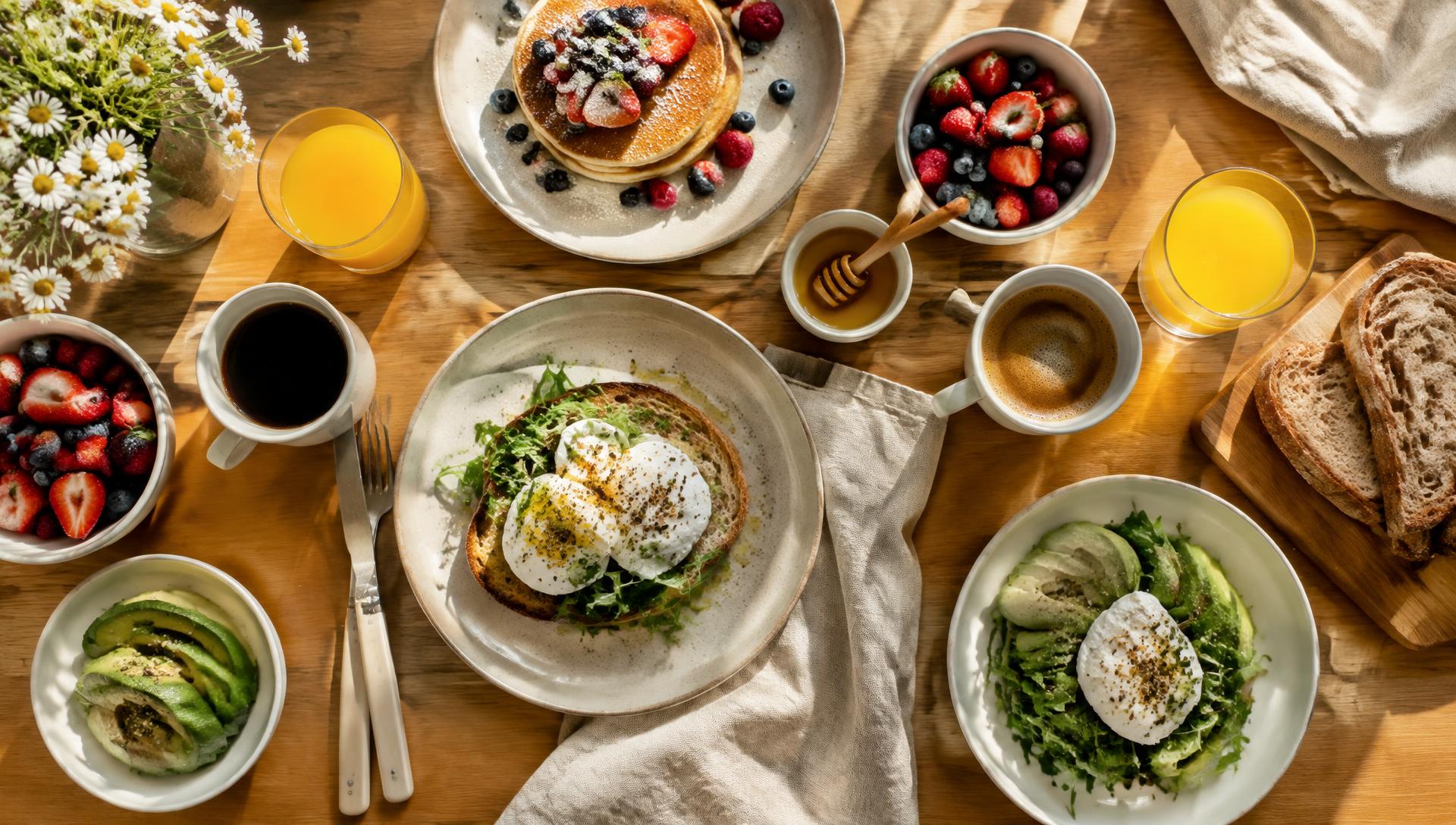 Brunchbord med ägg, bröd och kaffe